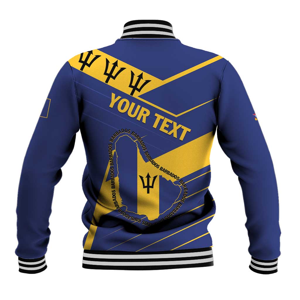 Blue baseball jacket back with yellow band, 'YOUR TEXT' print, striped ribbed cuffs