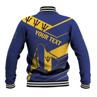 Blue baseball jacket back with yellow band, 'YOUR TEXT' print, striped ribbed cuffs