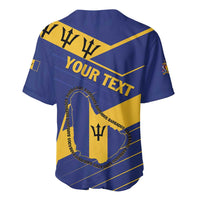Blue baseball jersey with V-neck and button front; YOUR TEXT and Barbados seal