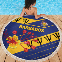 Round Barbados beach blanket with blue and yellow stripes, fringe border, and Barbados graphic