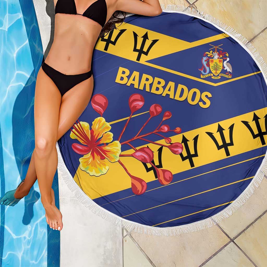 Round Barbados beach blanket by a pool: blue and yellow stripe design with fringe edge