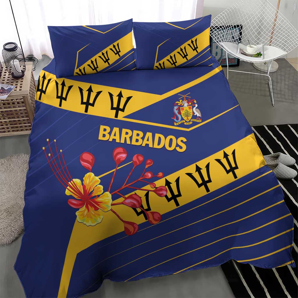 Blue and yellow duvet cover with Barbados text, flower and emblem graphic, two pillows