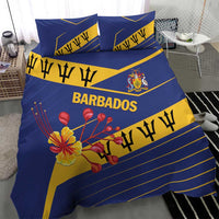 Blue and yellow duvet cover with Barbados text, flower and emblem graphic, two pillows