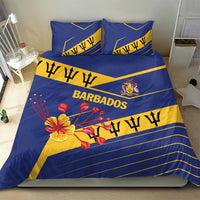 Blue and yellow bedding set with Barbados logo, flower artwork, two pillowcases