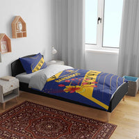 Blue and yellow duvet cover with Barbados graphic and pillowcases