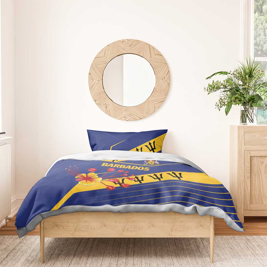 Blue and yellow duvet cover with Barbados emblem, two pillowcases