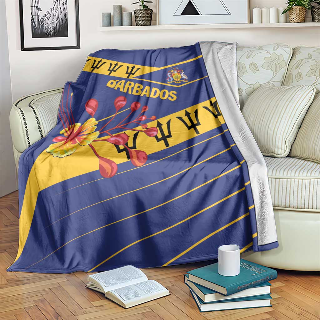 Blue throw blanket with Barbados crest, “BARBADOS” text, and flower artwork