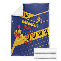 Folded blue Barbados blanket with floral graphic, crest, and “BARBADOS” text