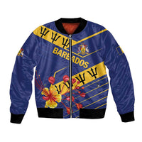 Blue zip-up bomber jacket with Barbados-themed Pride graphic, ribbed cuffs and hem