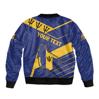 Blue bomber jacket with back crest graphic and 'YOUR TEXT' banner, ribbed cuffs and hem