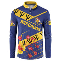 Blue button-front sweatshirt with yellow collar and Barbados graphic on chest and sleeves