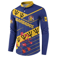 Blue button-front sweatshirt with yellow collar; Barbados text and colorful fireworks graphic
