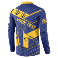 Back view of blue button-front sweatshirt with yellow collar; shield and “YOUR TEXT” design
