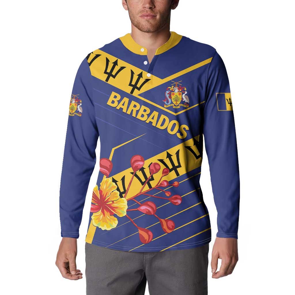 Blue button-front sweatshirt with yellow collar; Barbados lettering and boxing-glove graphic