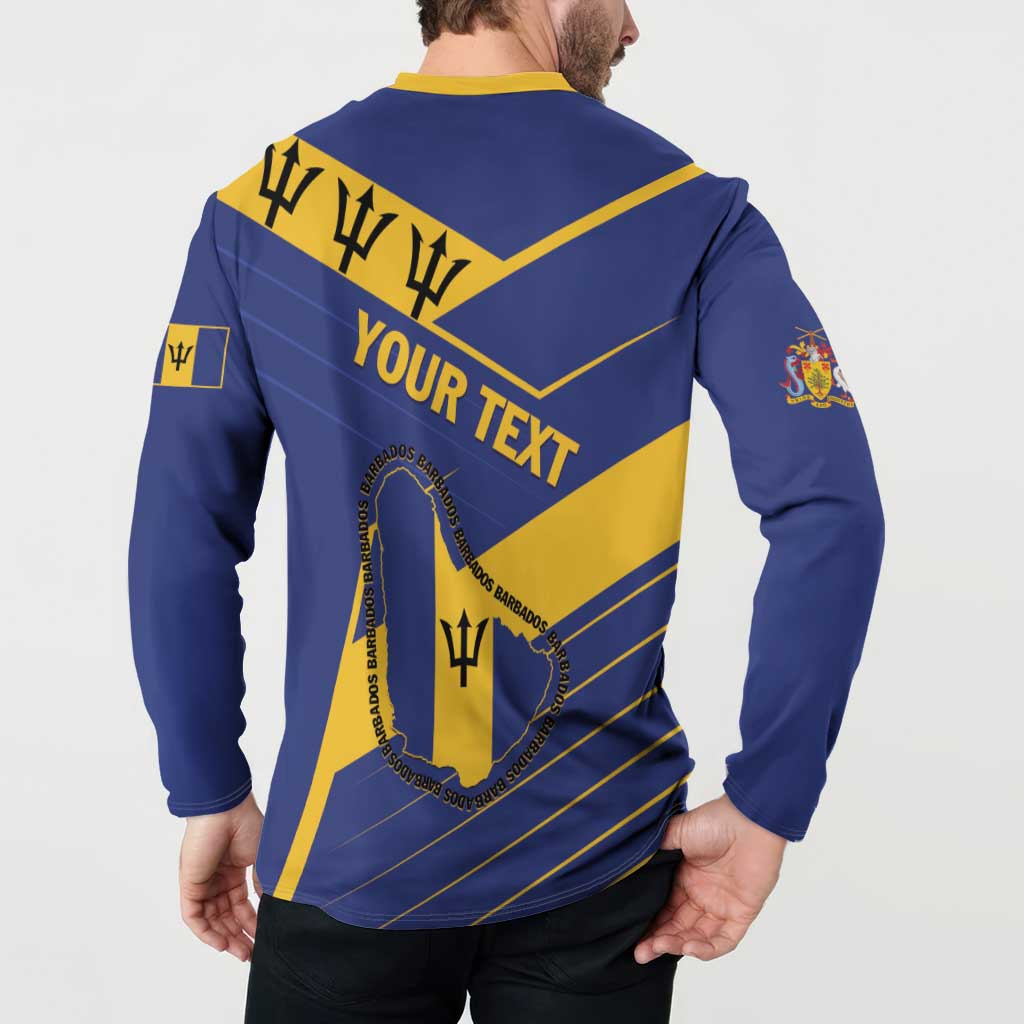 Back view of blue button-front sweatshirt with yellow collar and “YOUR TEXT” design