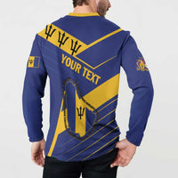 Back view of blue button-front sweatshirt with yellow collar and “YOUR TEXT” design