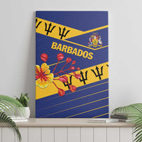 Blue Barbados canvas wall art featuring crest, “BARBADOS” text, and floral design