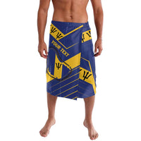 Blue lava lava wrap skirt with yellow geometric pride print and drawstring waistband