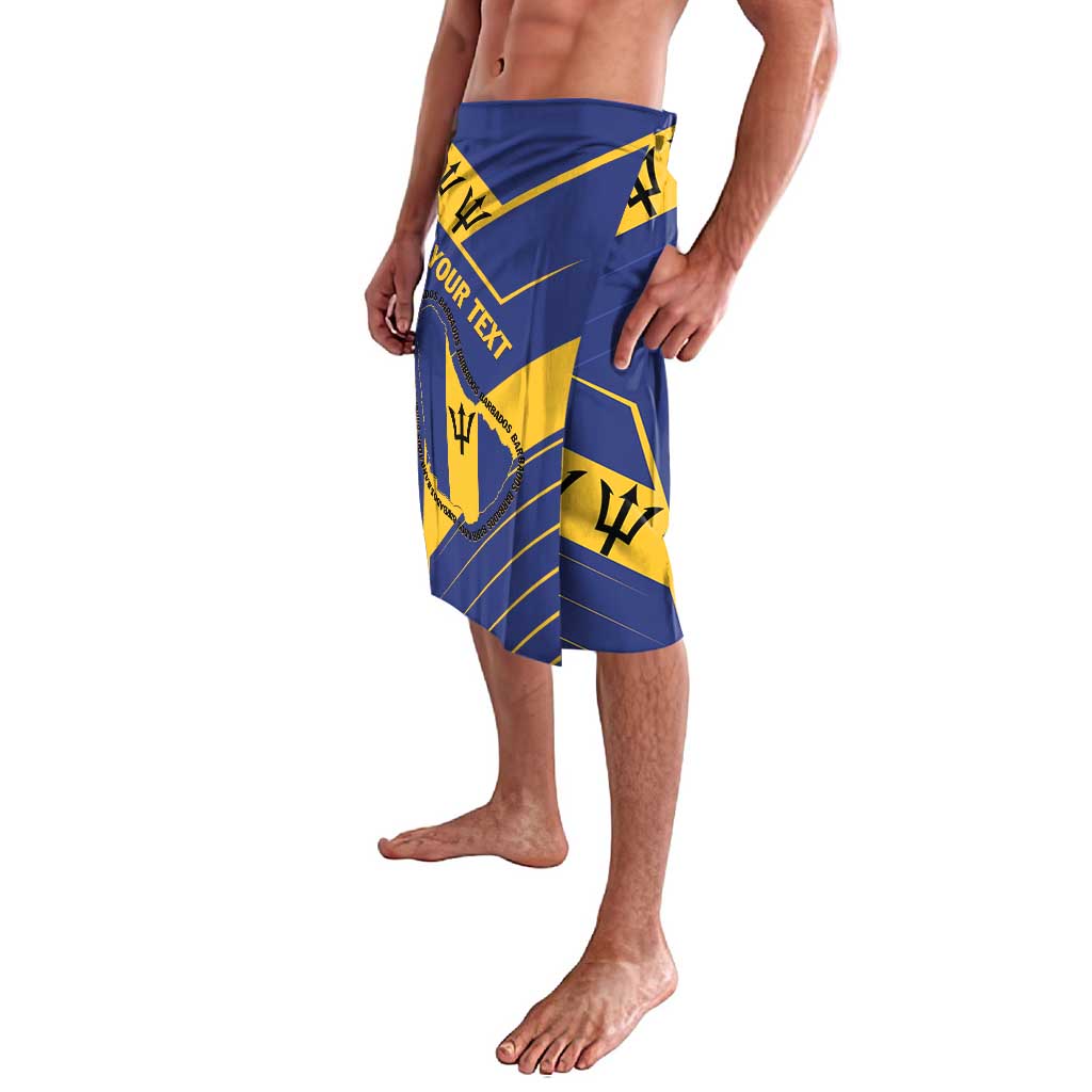 Blue lava lava wrap skirt with yellow geometric pride print, side view