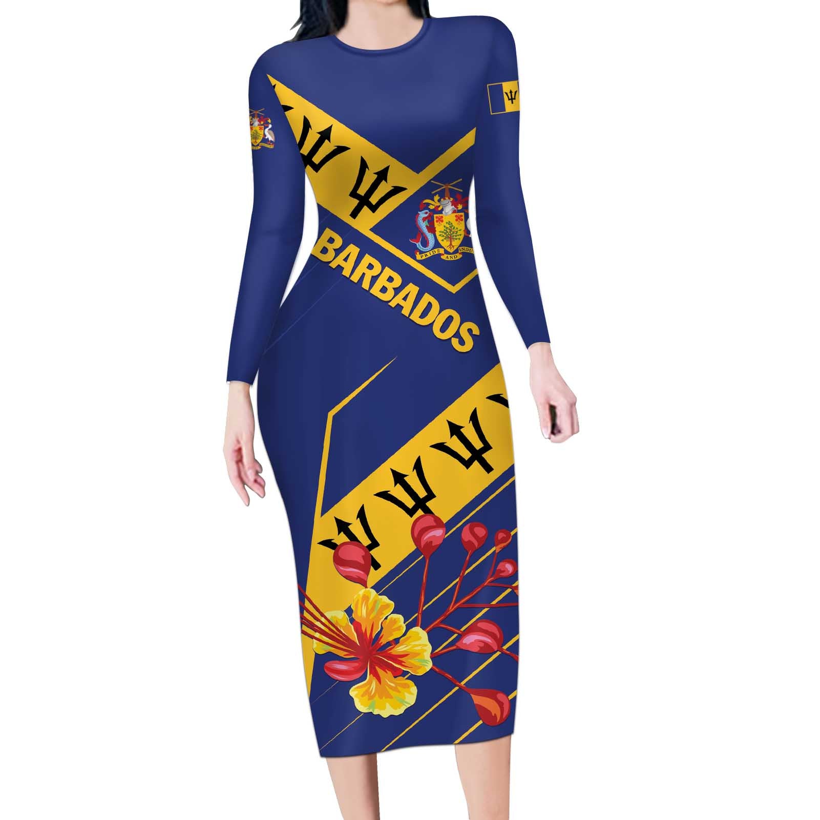 Personalized Barbados Long Sleeve Bodycon Dress Pride and Industry - Wonder Print Shop