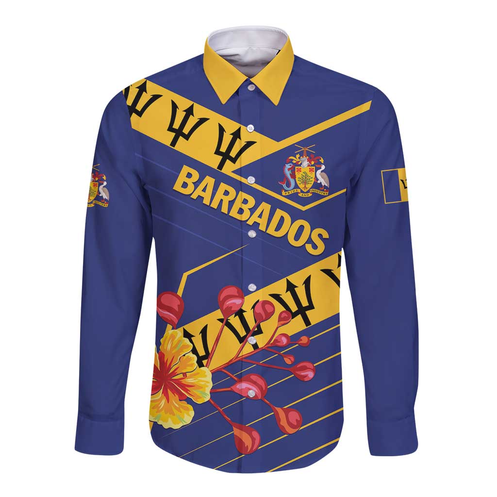 Blue long sleeve button shirt with yellow collar and Barbados graphic front