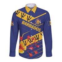 Blue long sleeve button shirt with yellow collar and Barbados graphic front