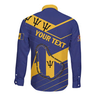 Blue long sleeve button shirt with yellow collar and back custom text