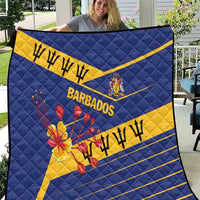Blue Barbados quilt with yellow diagonal band, BARBADOS text, coat of arms, floral print
