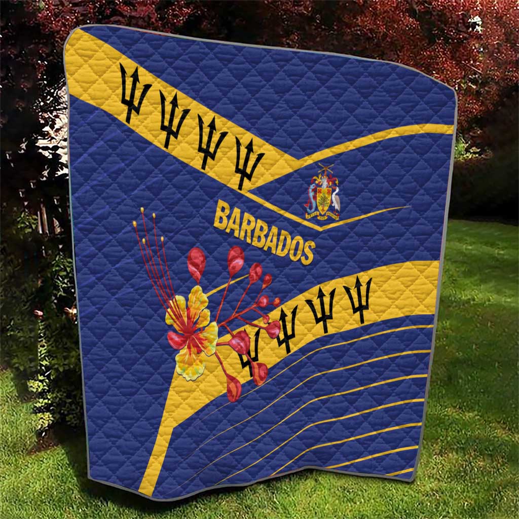 Blue Barbados quilt with yellow cross stripes, BARBADOS text, coat of arms, red flower