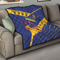 Blue Barbados quilt on sofa with yellow diagonal stripes, BARBADOS lettering, crest and flower art