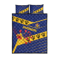 Blue Barbados quilt bed set with yellow stripes, “BARBADOS” print, and matching pillow covers