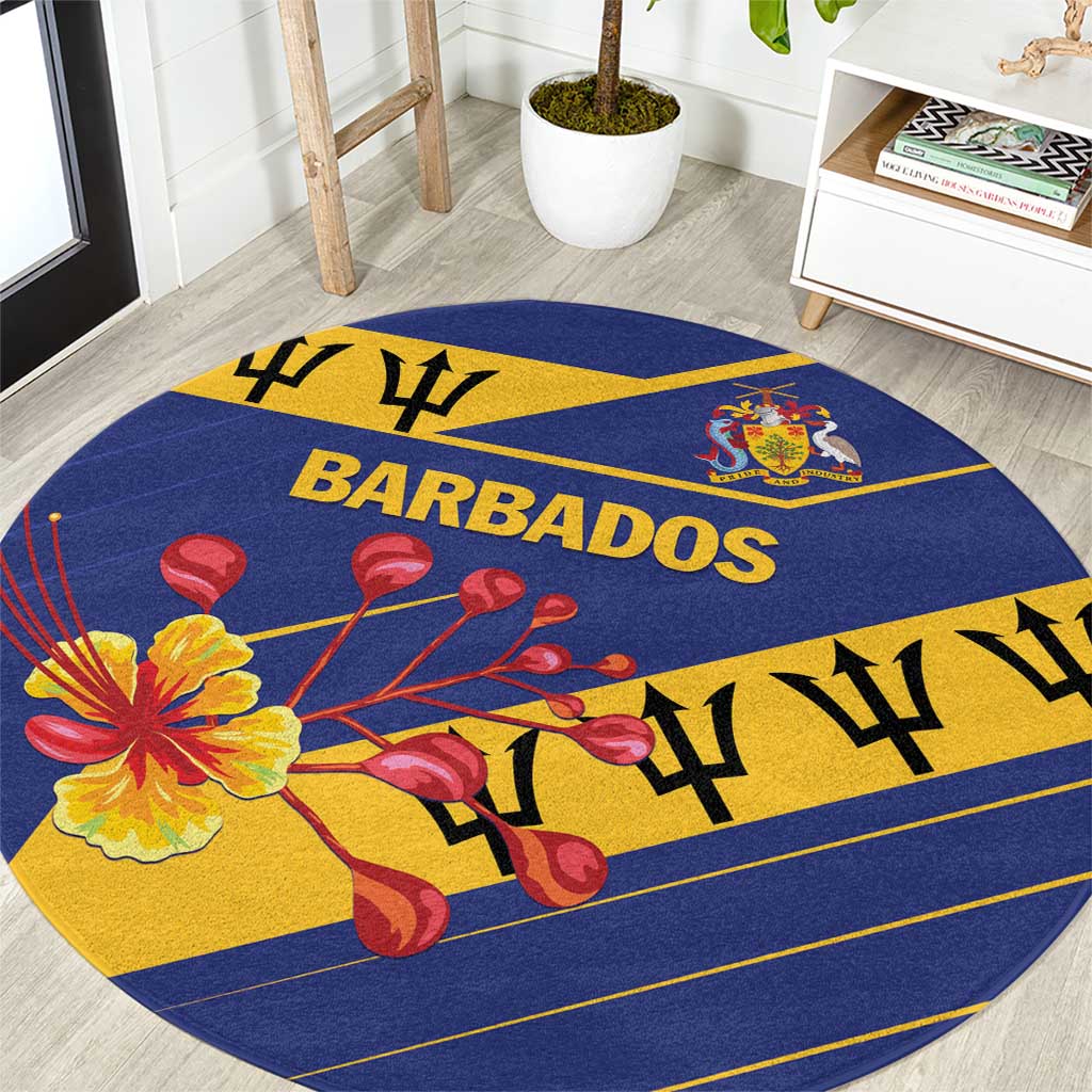 Round blue carpet close view: BARBADOS letters, crest, yellow border and flowers