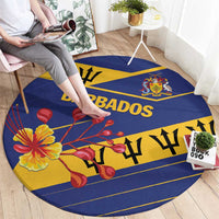 Round blue carpet with Barbados text, crest and red-yellow flowers