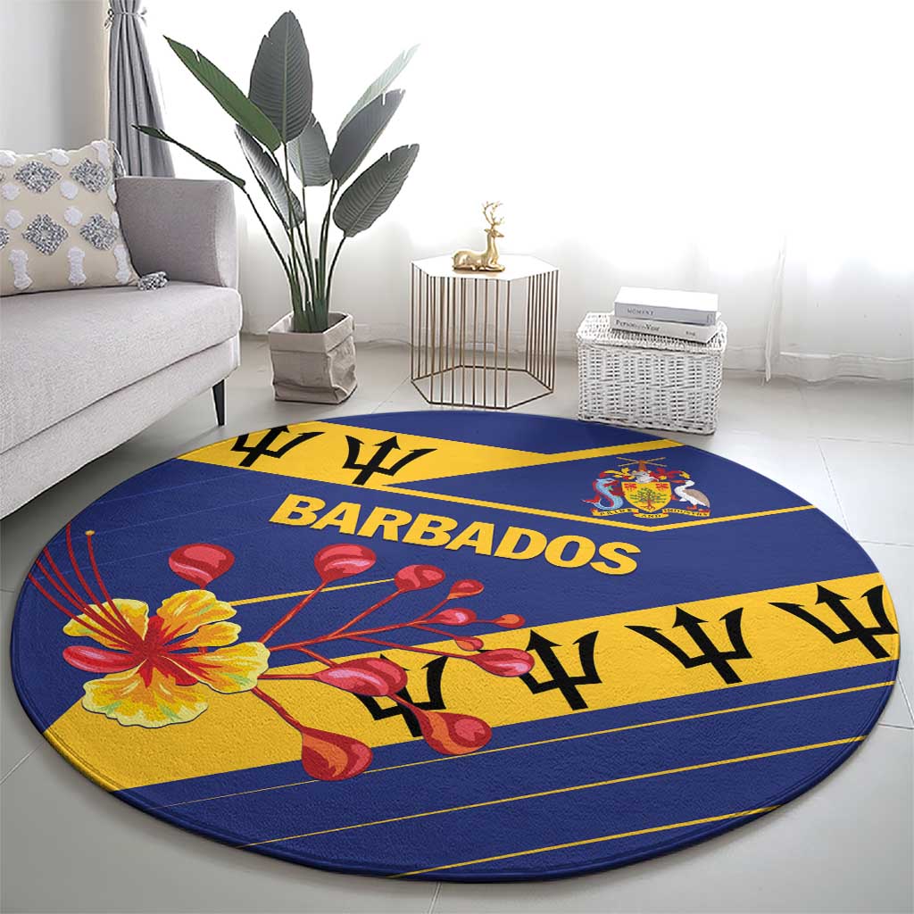 Round blue carpet with BARBADOS lettering, national crest and floral design