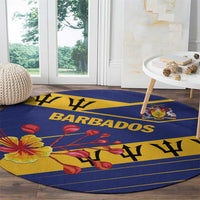 Round blue carpet with BARBADOS text, coat-of-arms crest, and floral artwork