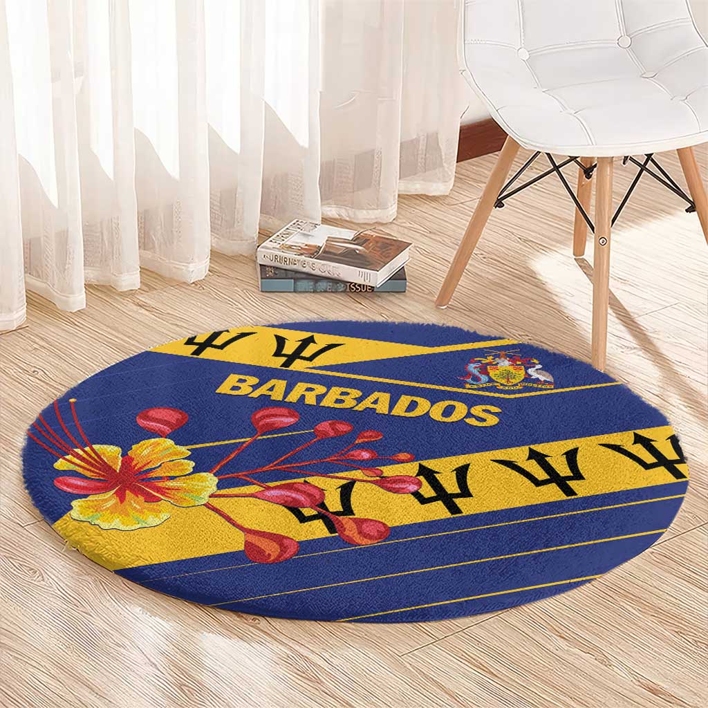 Round blue carpet with BARBADOS letters, crest, and red-yellow flowers