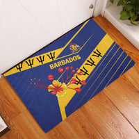 Blue rubber doormat with Barbados flag design, flower, and 'Barbados' text