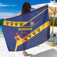 Blue sarong spread out with yellow cross stripes, Barbados lettering, and floral graphic