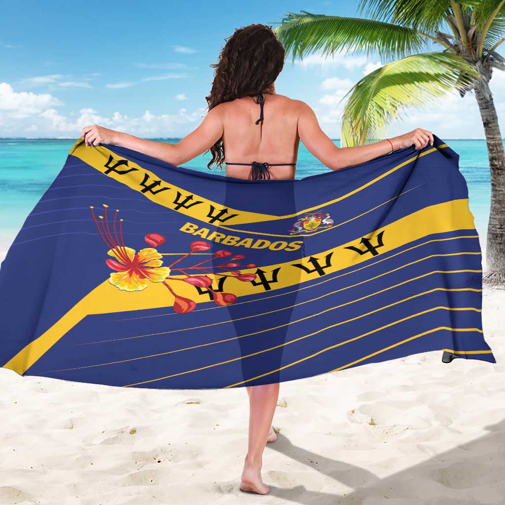 Blue sarong draped across shoulders with yellow stripes, Barbados crest, and hibiscus print