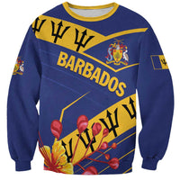 Unisex blue sweatshirt with Barbados flag graphic and pride text, ribbed crew neck
