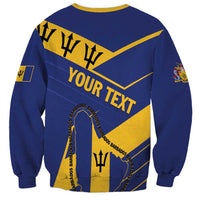 Unisex blue sweatshirt with yellow diagonal flag print and customizable text on back
