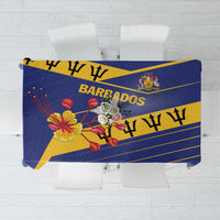 Blue tablecloth featuring Barbados text, crest, heart and floral graphic, flat on table