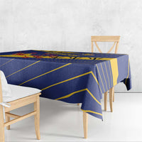 Blue tablecloth with yellow diagonal lines, draped over table edge