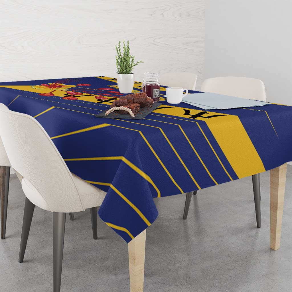 Blue tablecloth with yellow lines and Barbados artwork, on dining table with tea set