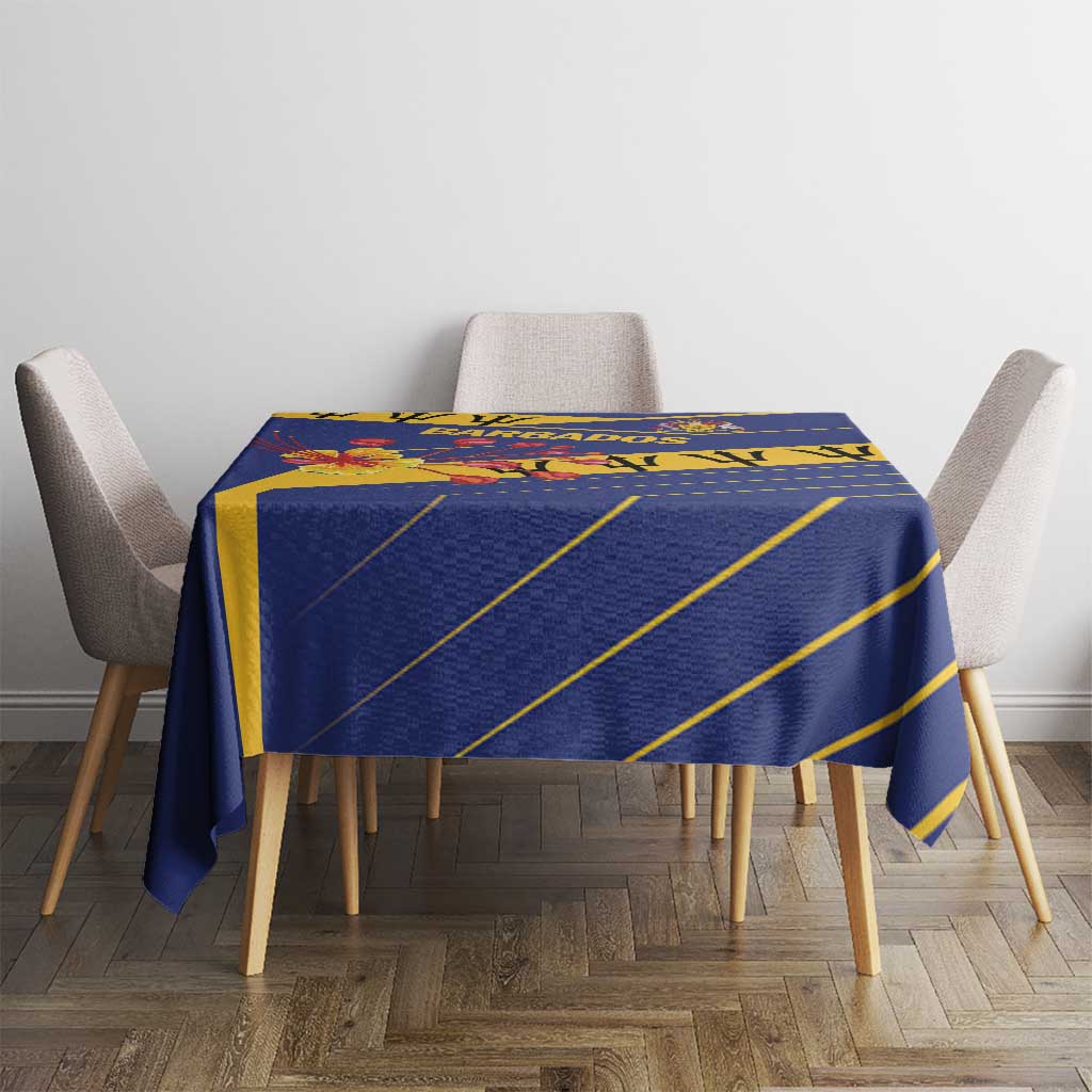 Blue tablecloth with yellow lines and Barbados emblem, draped over dining table
