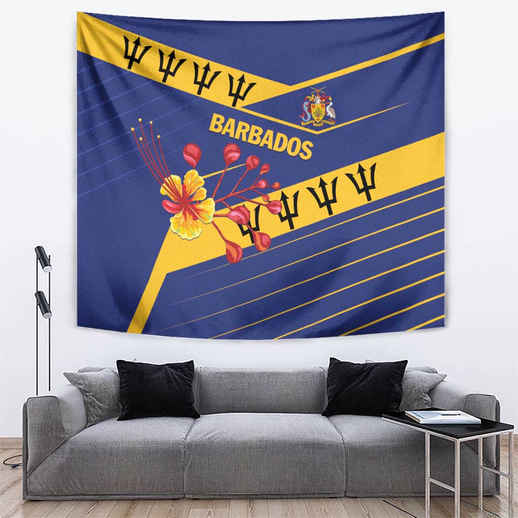 Blue wall tapestry with yellow flag design, Barbados text, floral motif, and crest.
