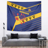 Blue wall tapestry with yellow flag design, Barbados text, floral motif, and crest.