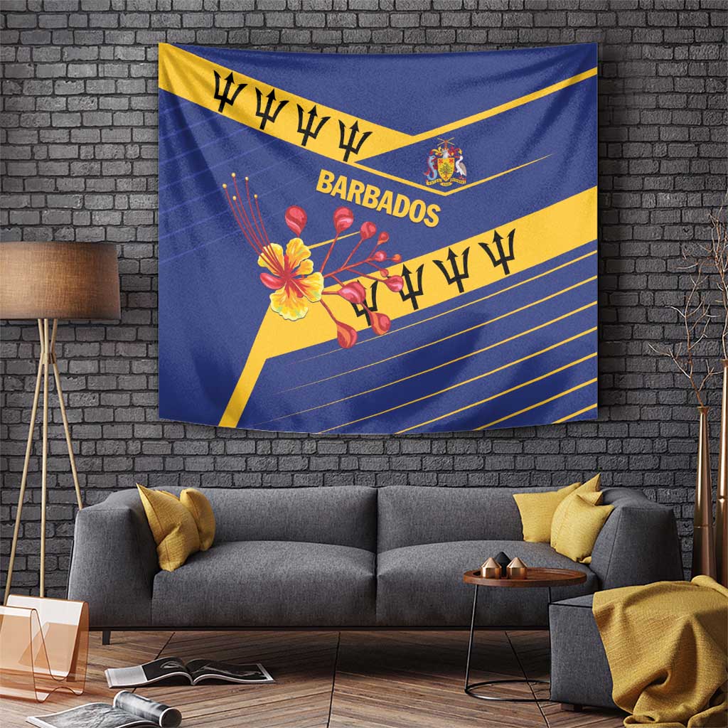 Blue Barbados wall tapestry with yellow diagonal stripe, flower bouquet, crest, and lettering.