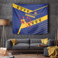 Blue Barbados wall tapestry with yellow diagonal stripe, flower bouquet, crest, and lettering.