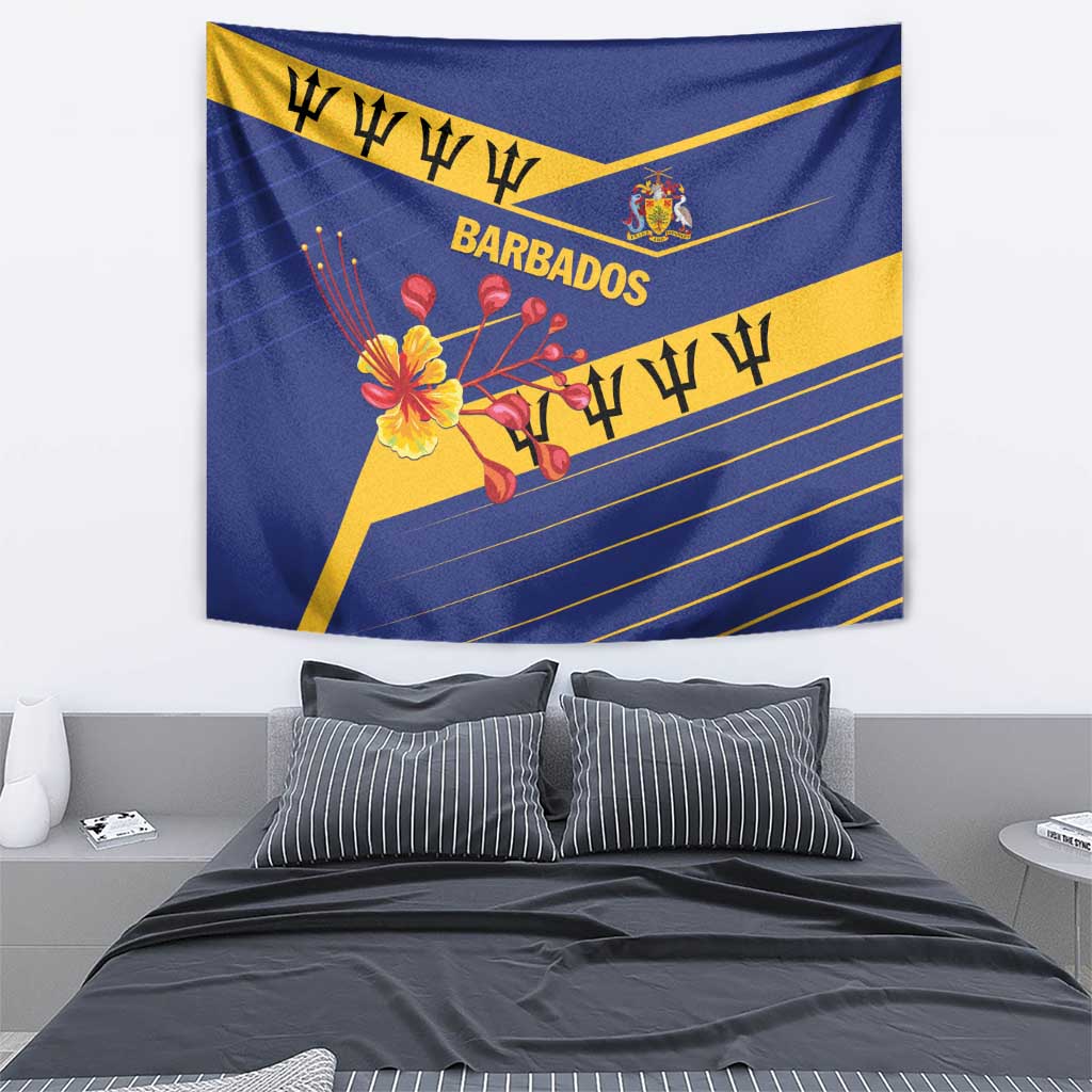 Blue wall tapestry featuring Barbados lettering, yellow diagonal accents, floral emblem, and crest.